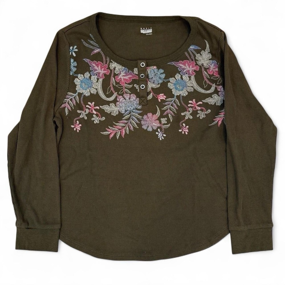 Basic Editions Green Floral‎ Thermal Waffle Knit Henley Shirt Women's Size XXL